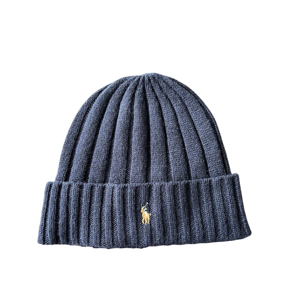 Polo Ralph Lauren Beanie Navy Flesh Pony Wool Blend Rib Knit Cuff NEW